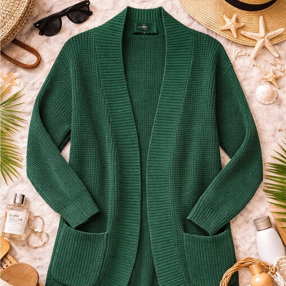 ZESICA Emerald Green Waffle Knit Open Front Cardigan Size Large